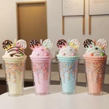 Generic Ice cream tumbler Ears with straw double layer 450ml (Pink), Regular