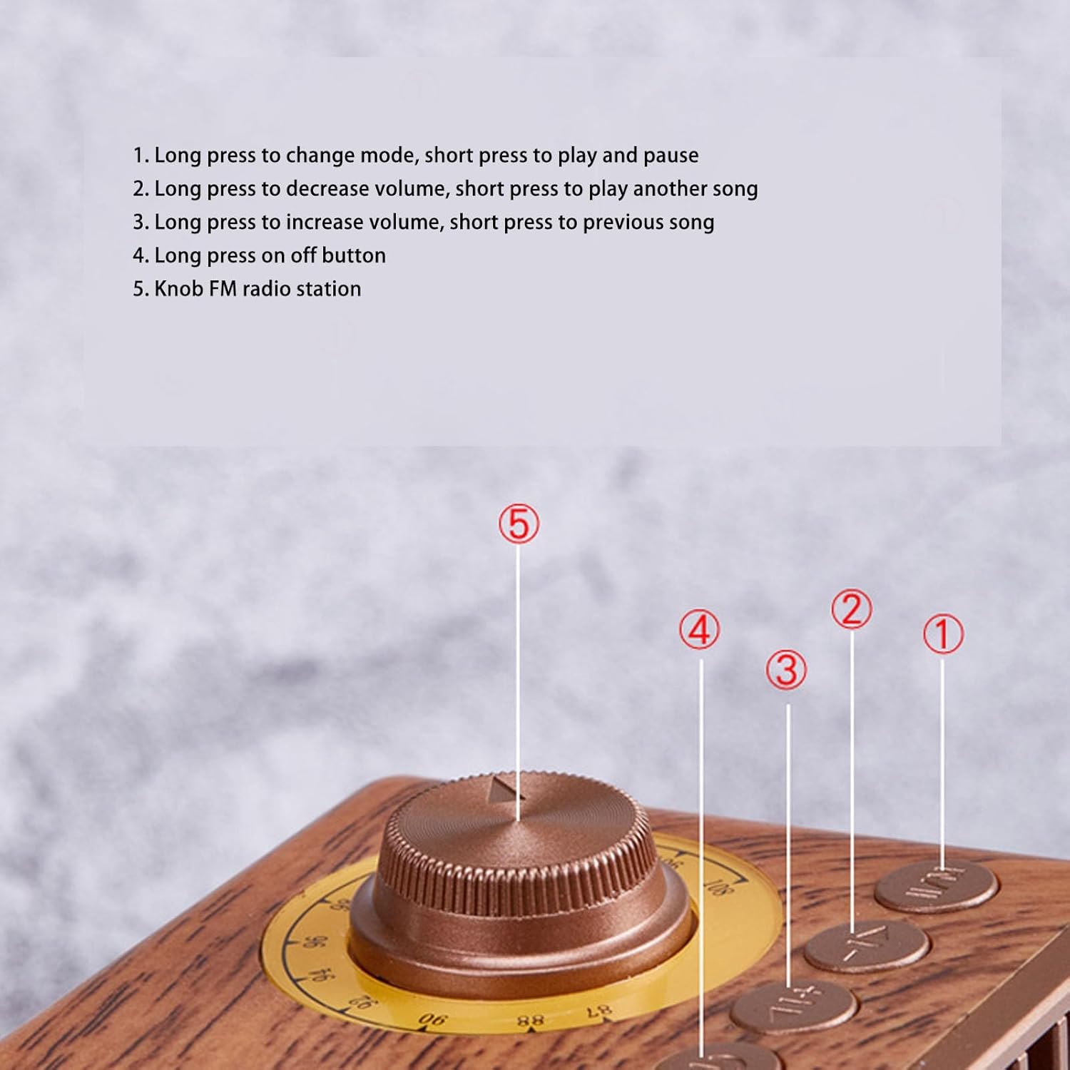 Vintage FM Radio, Retro Wood Table Speaker Portable Bluetooth Speaker with Built in Antenna Supports Bluetooth/U Disk/Memory Card/AUX Connection Playing 1800mAh Rechargeable Battery