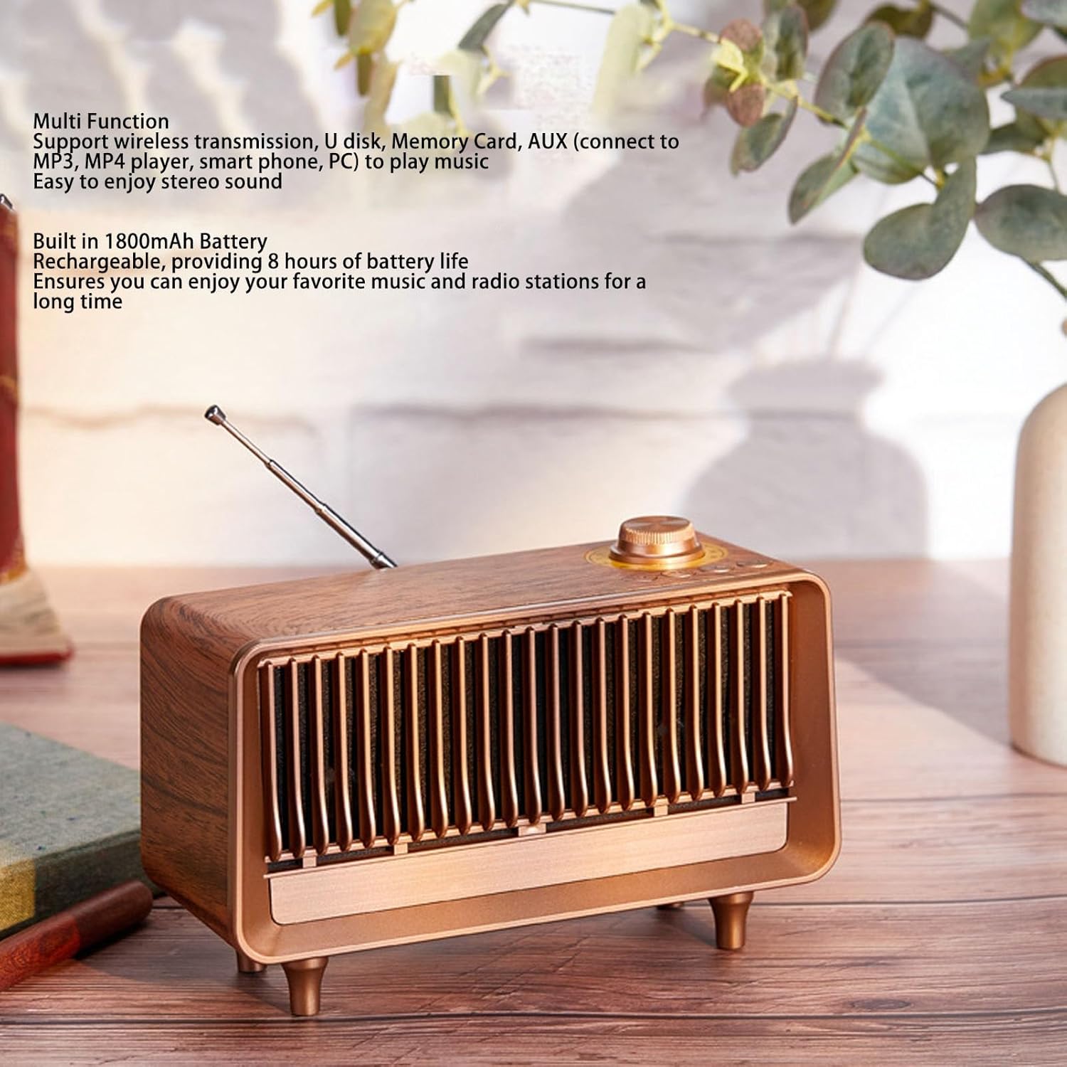 Vintage FM Radio, Retro Wood Table Speaker Portable Bluetooth Speaker with Built in Antenna Supports Bluetooth/U Disk/Memory Card/AUX Connection Playing 1800mAh Rechargeable Battery