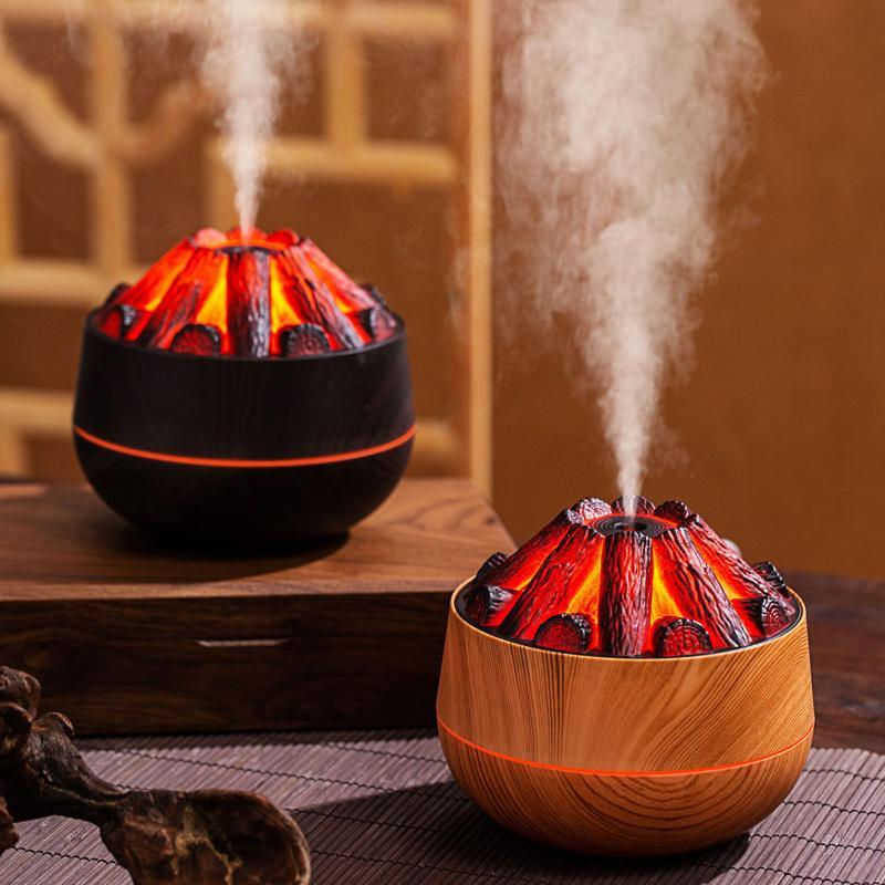Charcoal Flame Humidifier Night Light USB Wood Grain Diffuser